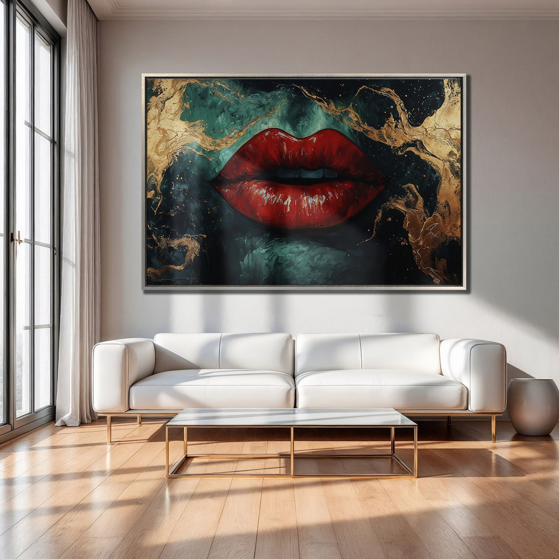 Framed Wall Art: Bold red lips canvas print with gold and teal abstract art. Modern decor for living room.