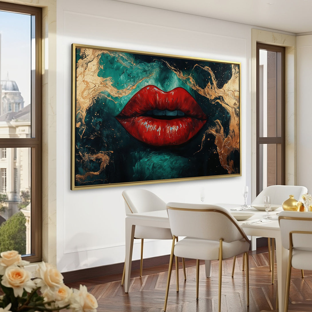 Canvas Print of bold red lips with gold accents, displayed in a luxurious interior. Dramatic abstract art in a dark, moody color palette.