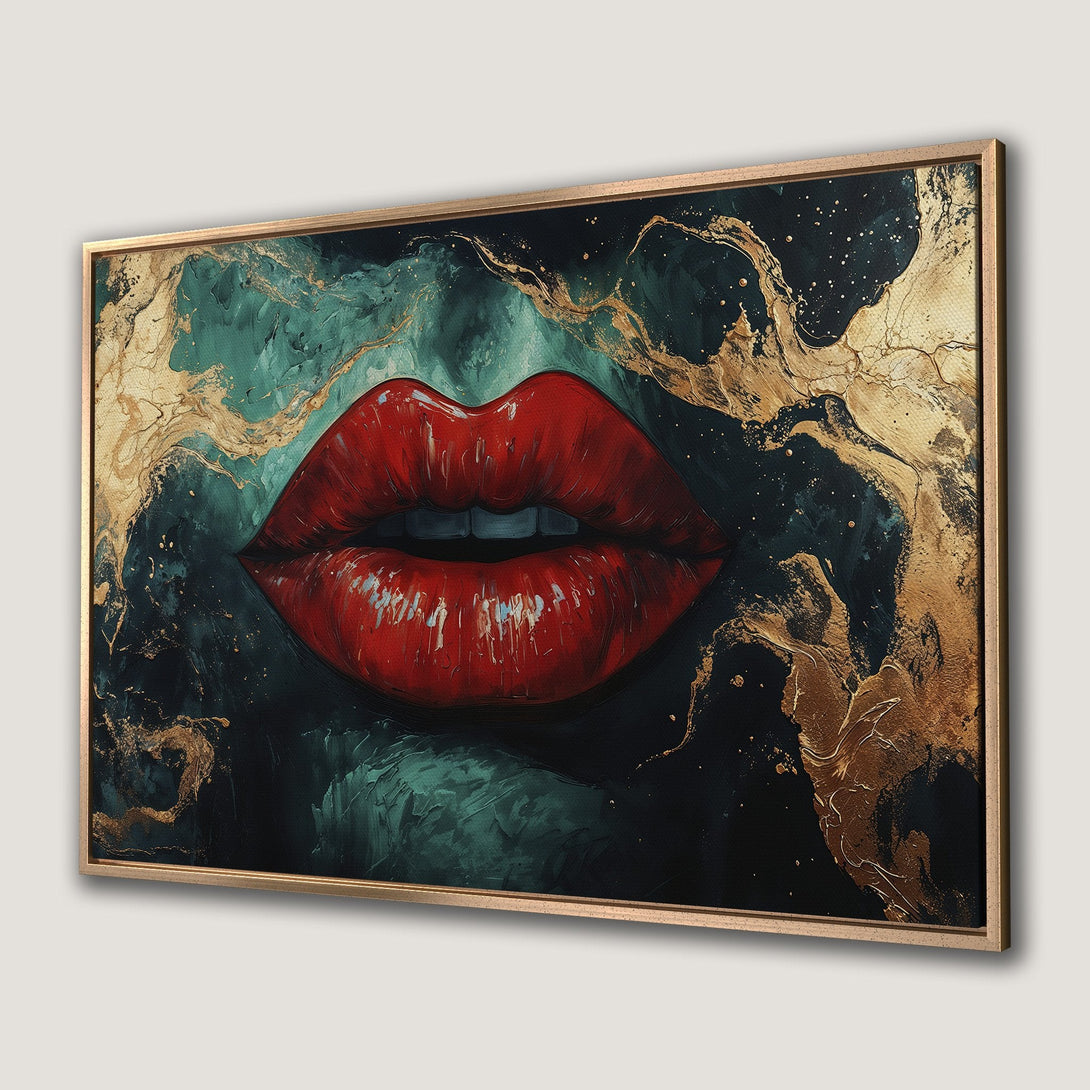 Framed Wall Art: Bold red lips canvas print with gold accents on a teal and black abstract background. Modern art for a stylish interior.
