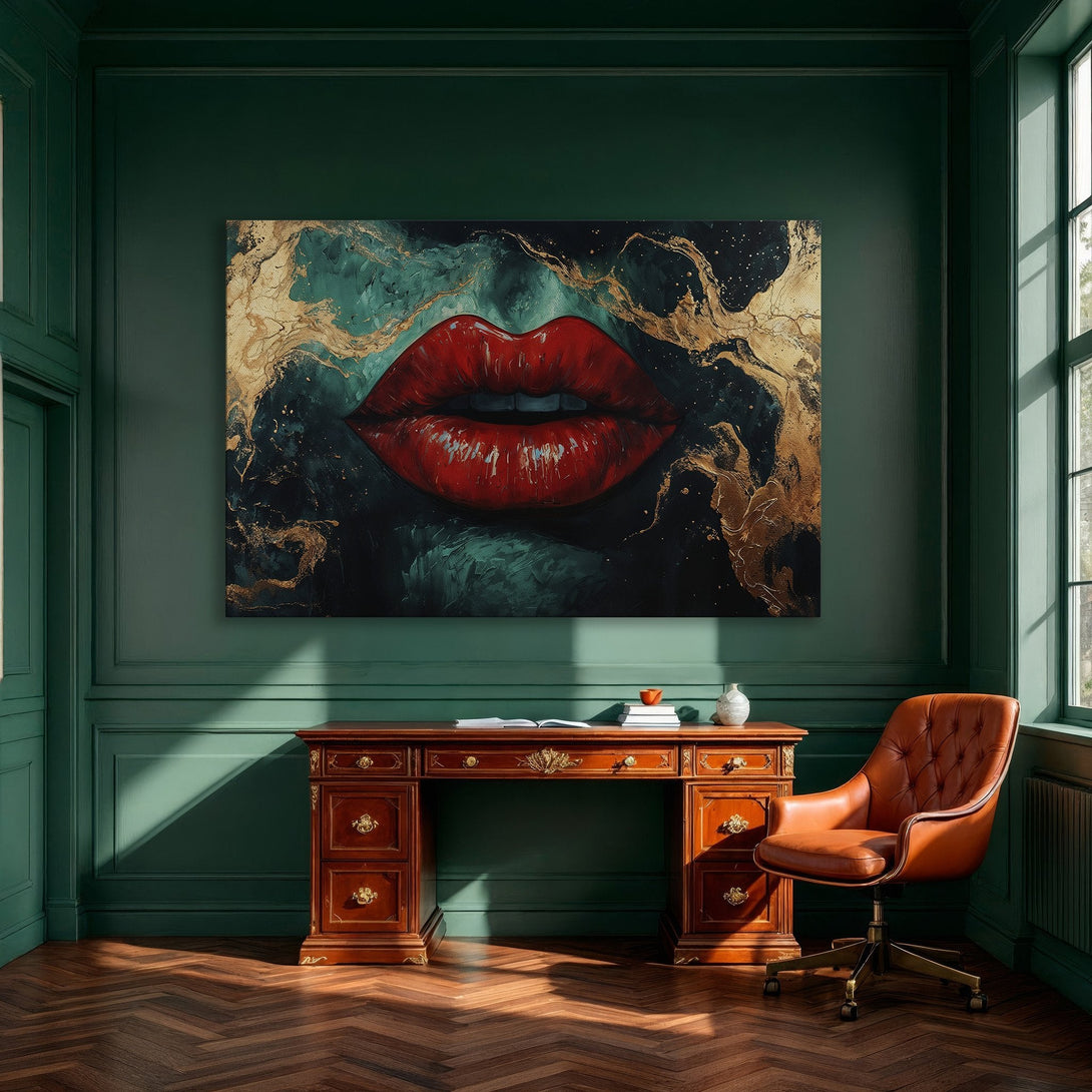 Framed Wall Art featuring bold red lips against a teal and gold abstract background. Modern art canvas print perfect for any interior.