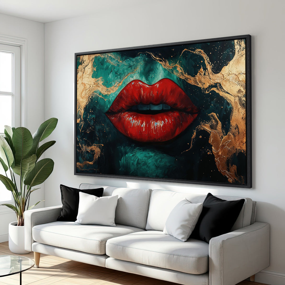 Framed Wall Art: Bold red lips canvas print with emerald, gold, and black abstract background. Modern art to elevate your home decor.