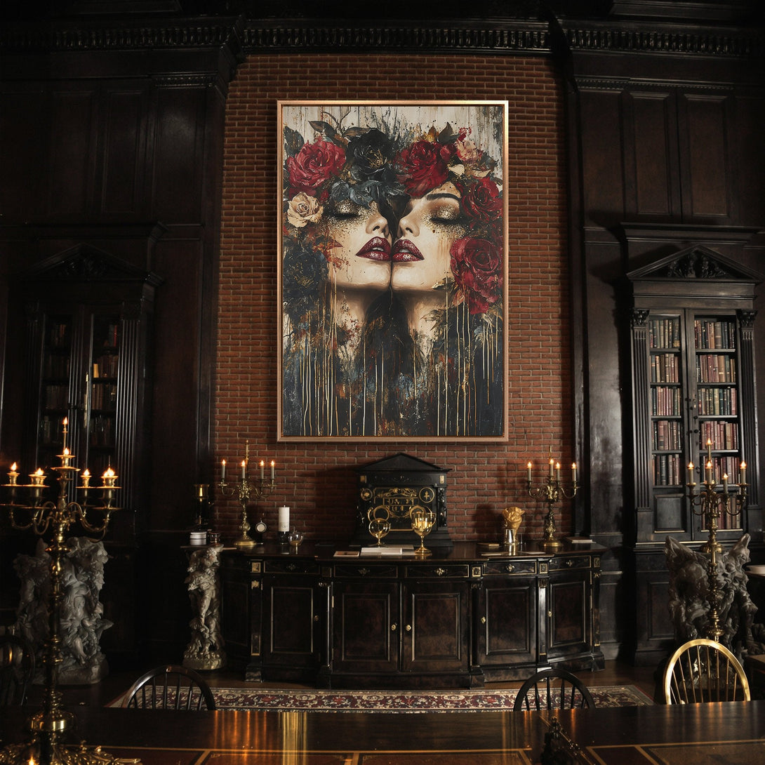 Framed Wall Art: Dramatic floral portrait in a moody interior. Rich red, black, and gold color palette. Elevate your space with this stunning canvas print.