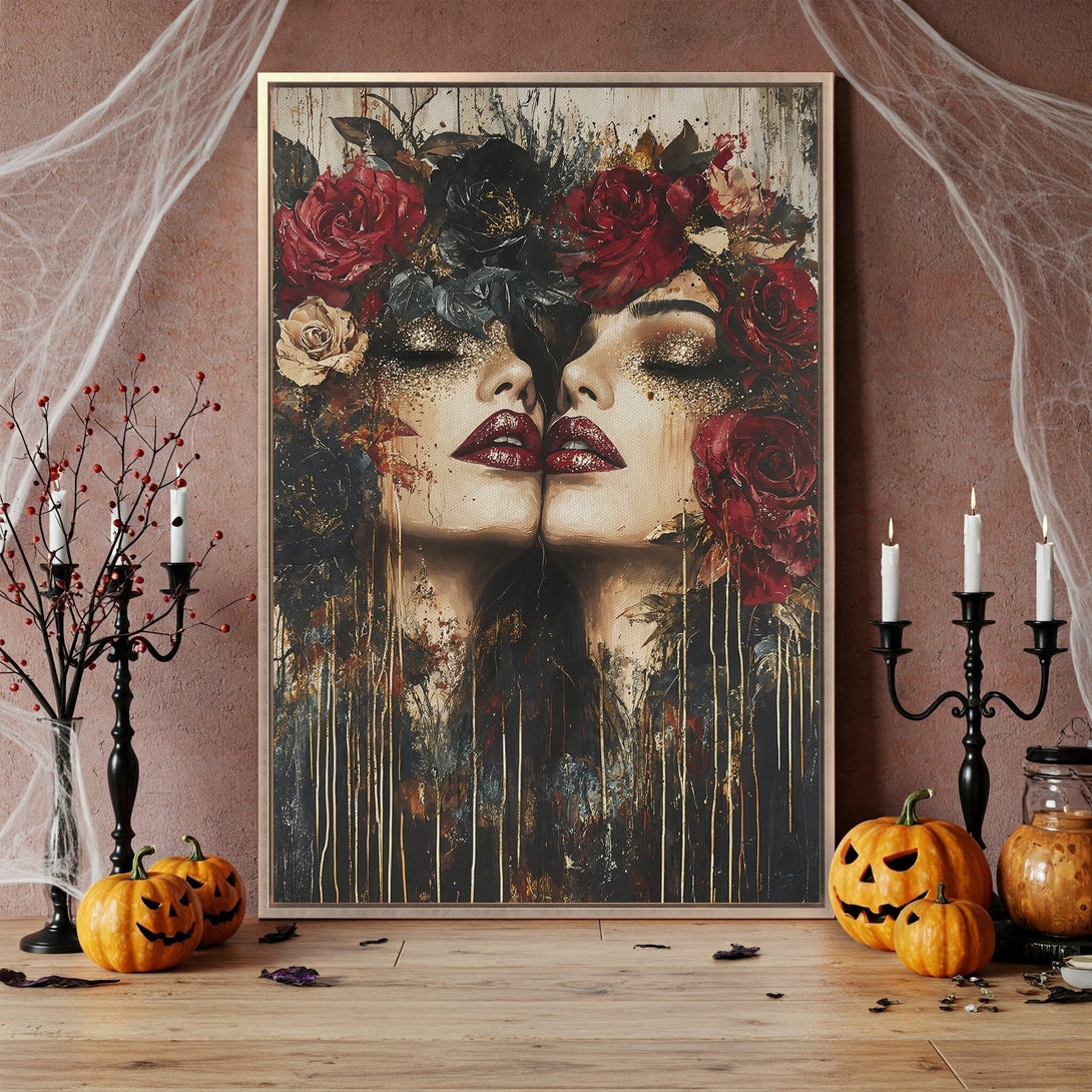 Framed Wall Art: Abstract portrait with red roses, dark & gold accents. Perfect for Halloween decor! Shop this canvas print for a unique statement piece.