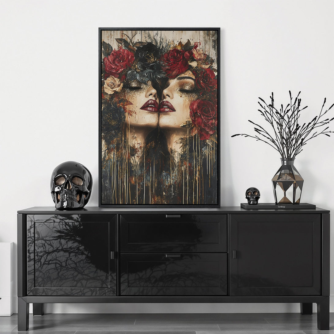 Framed Wall Art featuring a woman with floral crown, in a dark, moody style with red, black, and gold tones. Perfect for modern home decor.