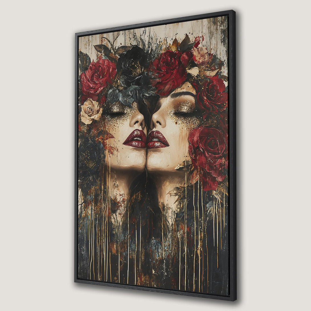 Framed Wall Art: Abstract portrait of two women with roses, rich red, black, and gold palette. Perfect for modern decor. Shop now!