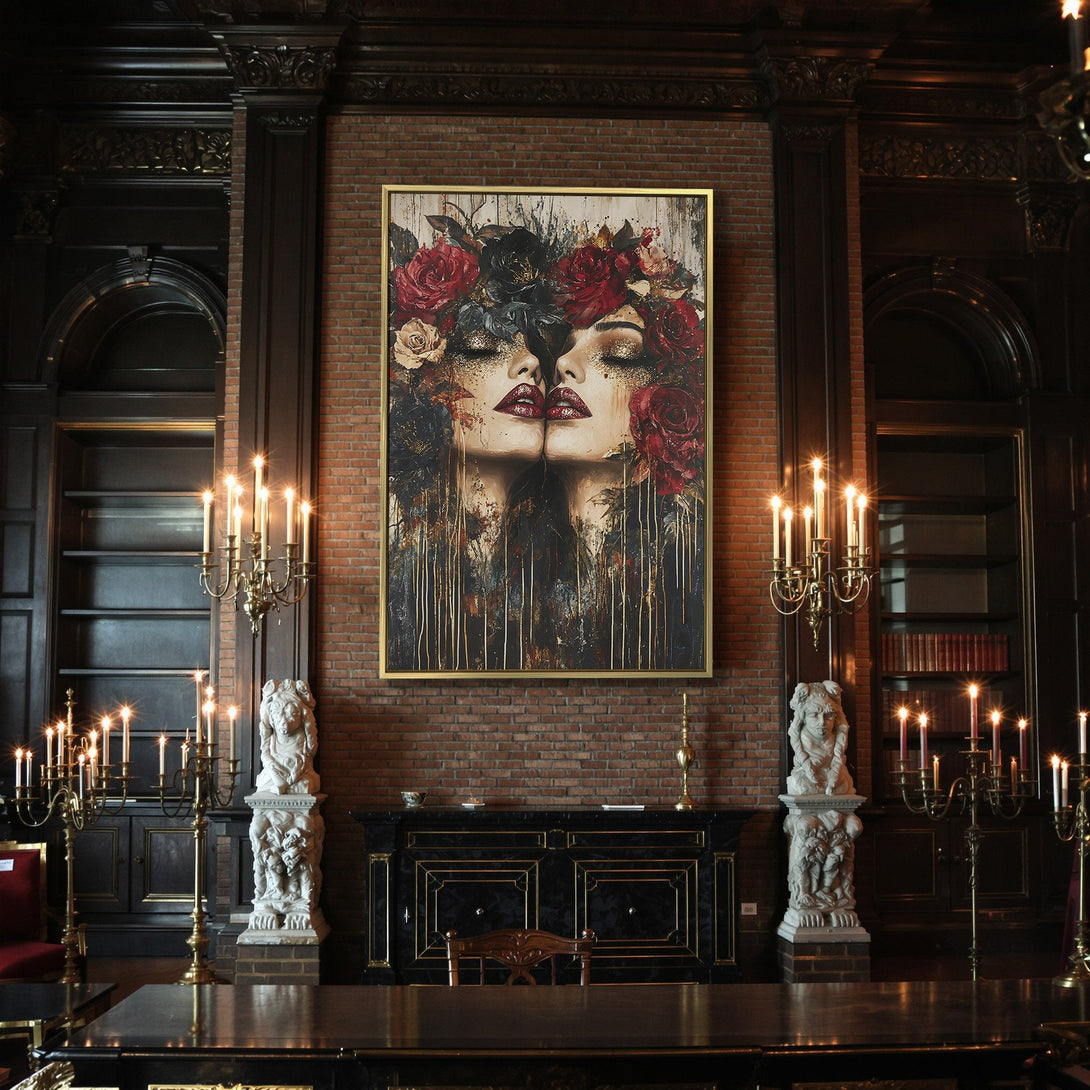 Canvas Print featuring a woman with floral crown, rich red and black tones, and a touch of gold. Perfect for adding a touch of gothic elegance to your home decor.