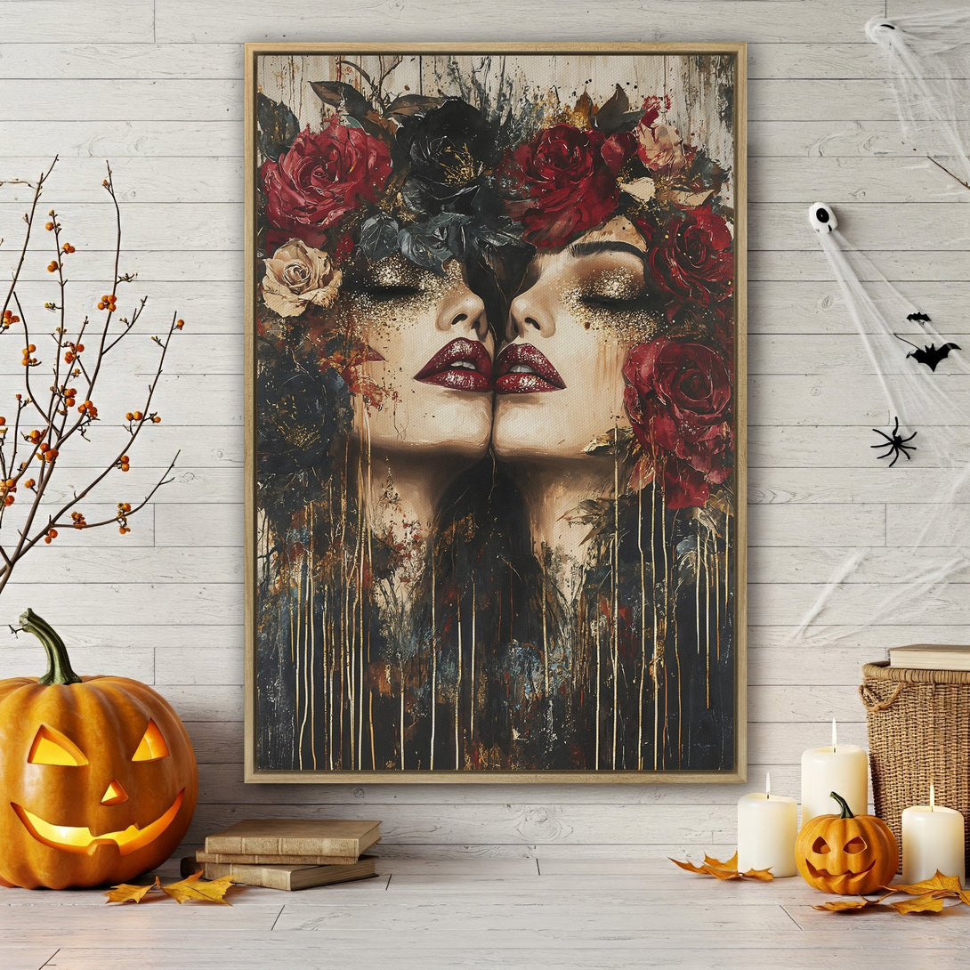 Framed Wall Art: Stunning portrait of two faces with floral crown in a dark, moody color palette. Perfect for adding a touch of elegance to your space.