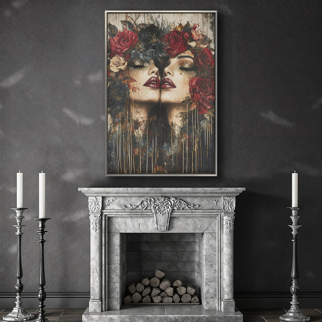 Framed Wall Art featuring a woman with floral crown, rich red and gold tones. Modern art canvas print perfect for any interior design.