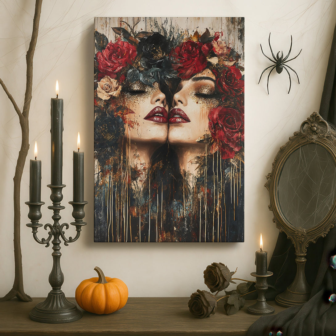 Framed Wall Art: Stunning portrait of two women with floral crowns, rich red & black color palette. Perfect for adding luxury to your space.