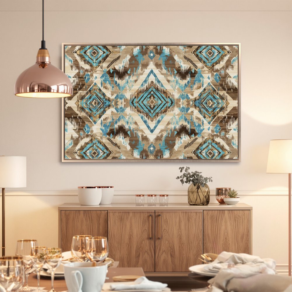 Framed Wall Art: Abstract ikat pattern in turquoise, brown, and beige. Modern canvas print adds a stylish touch to any interior. Shop now!