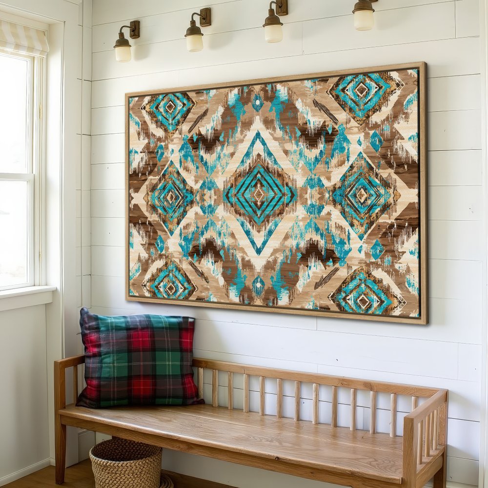 Framed Wall Art: Geometric turquoise and brown pattern canvas print. Rustic style, perfect for adding a pop of color to your home decor.