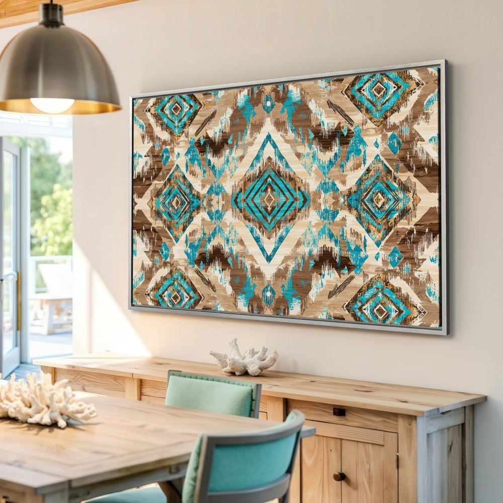 Framed Wall Art featuring a geometric tribal design in turquoise and brown. Perfect for adding a touch of boho style to your home decor.