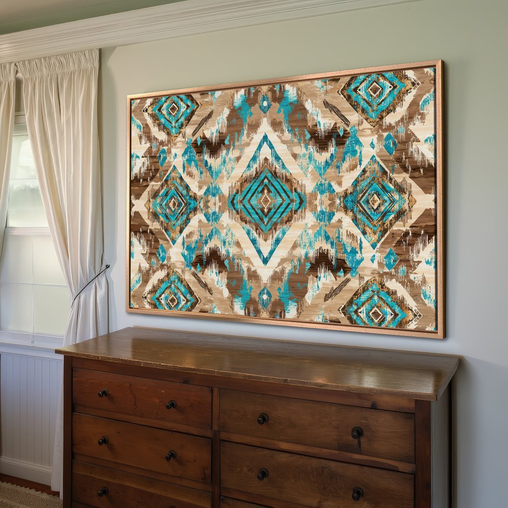 Framed Wall Art: Bohemian-style Canvas Print with turquoise and brown geometric patterns, perfect for adding warmth to any space.