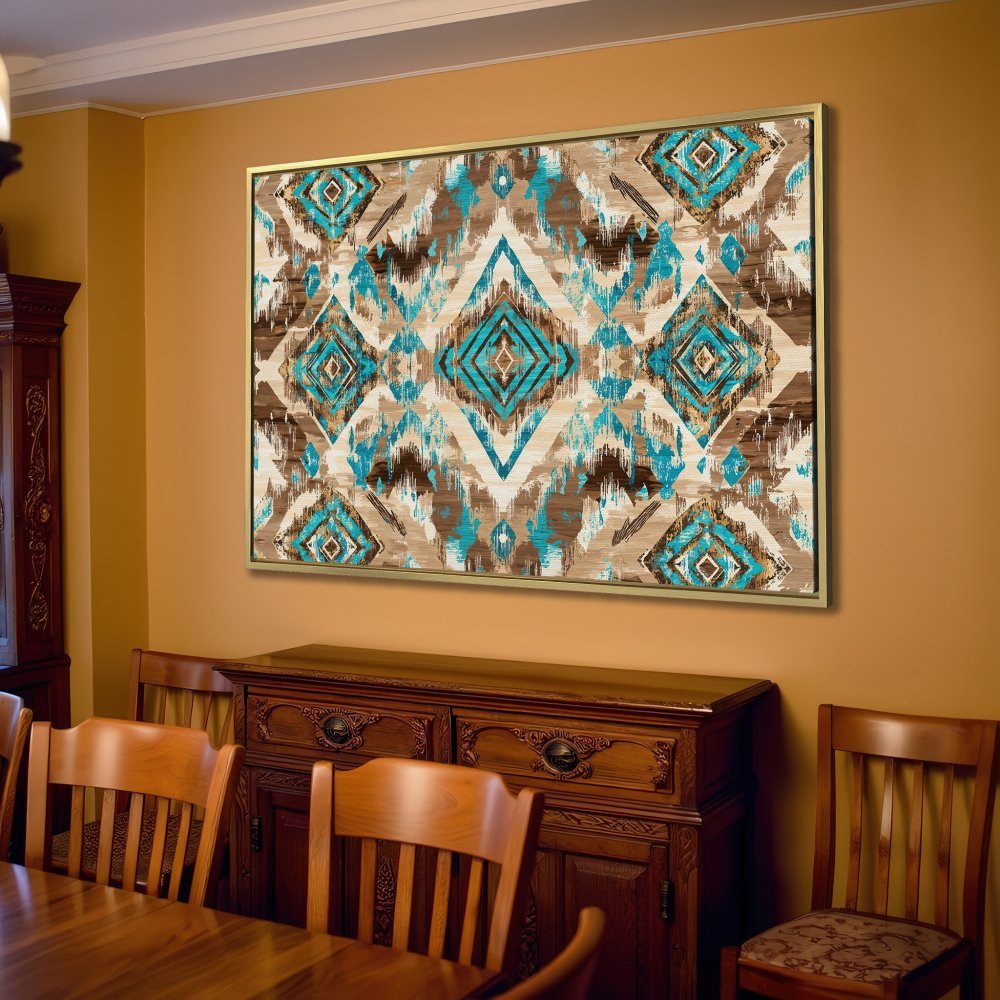 Canvas Print: Abstract geometric art in turquoise, brown, and beige, perfect for living room decor. Adds a stylish, bohemian touch.