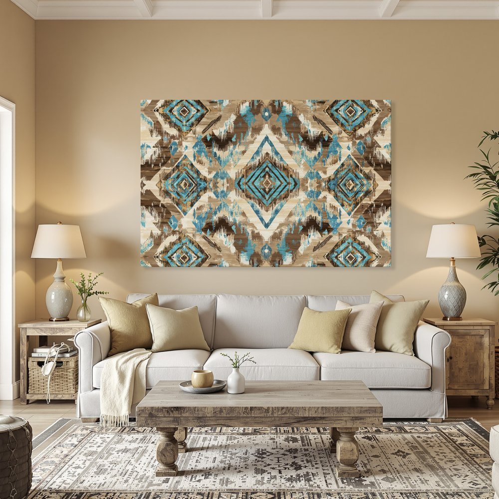 Framed Wall Art: Geometric turquoise and brown pattern Canvas Print. Perfect for adding a touch of boho style to your dining room.