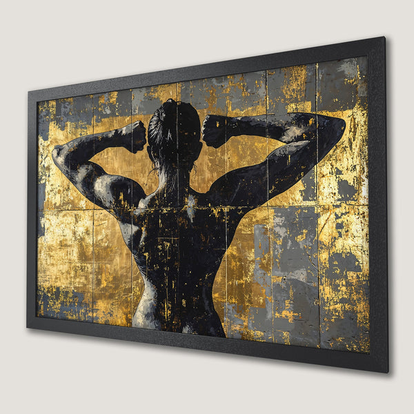 Framed Poster of a woman with arms raised, abstract style, gold, black, and gray color palette.