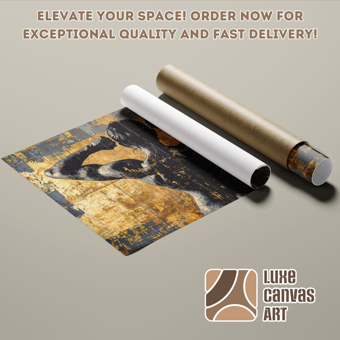 Abstract art Poster Roll with gold, black, and blue color palette. Elevate your space!