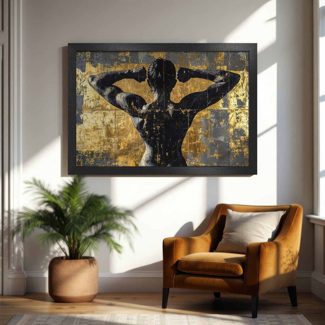 Framed Poster featuring a muscular figure in black and gold abstract style. Perfect wall art for a modern home.