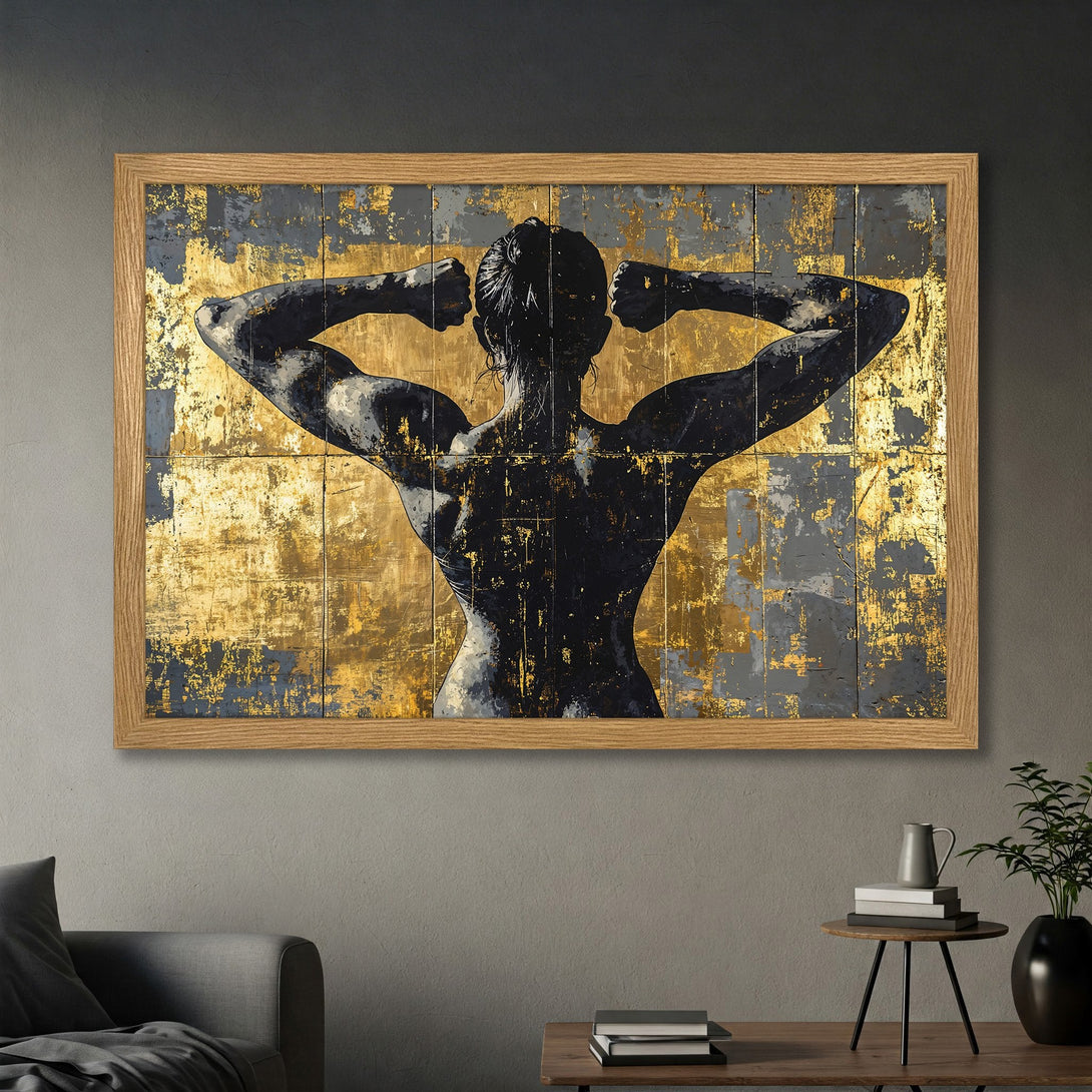 Framed Poster featuring a muscular figure in black, gold, and gray abstract style. Perfect wall art for a modern home.