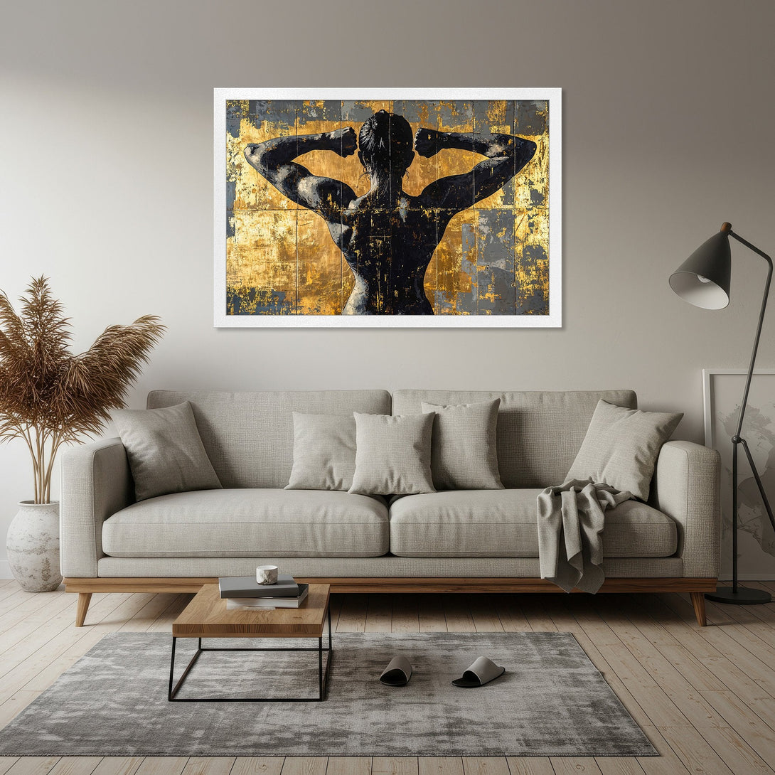 Framed Poster featuring a black figure against a gold & gray abstract background. Modern art print with a neutral color palette. Perfect home decor.