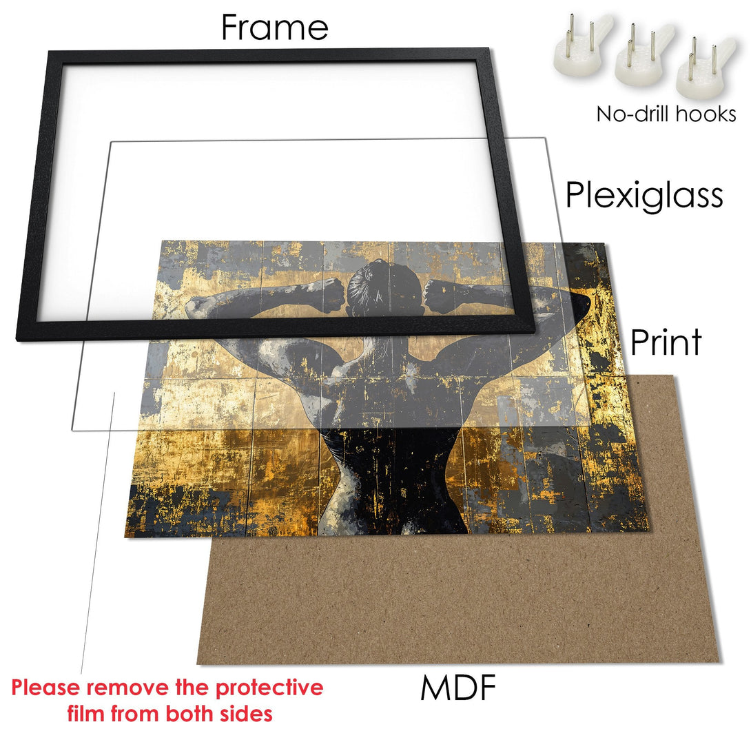 Framed Poster featuring a powerful figure in a gold and grey abstract style. Elevate your space with this stunning artwork!