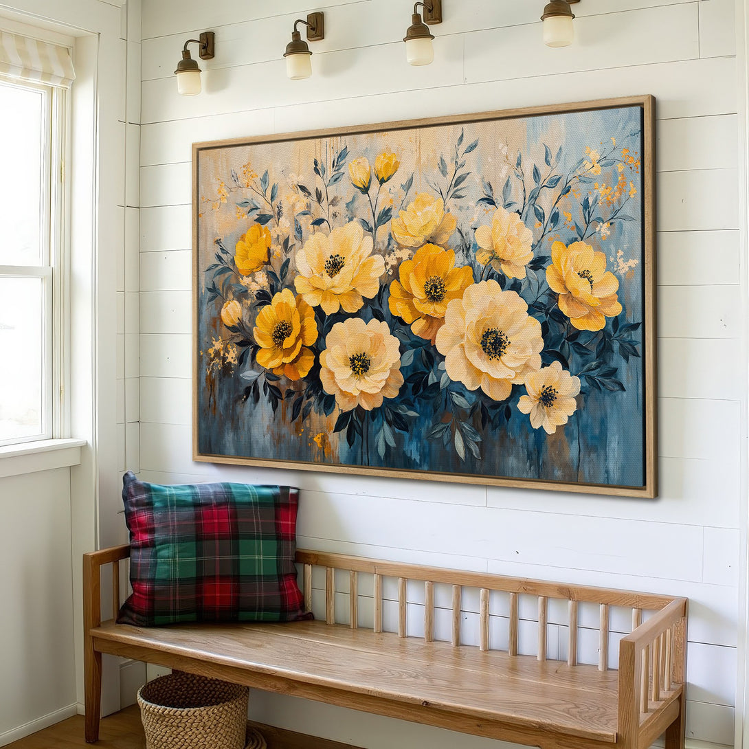 Framed Wall Art featuring vibrant yellow floral painting. Adds a pop of color with a blue and gold palette to any space. Shop Canvas Prints today!