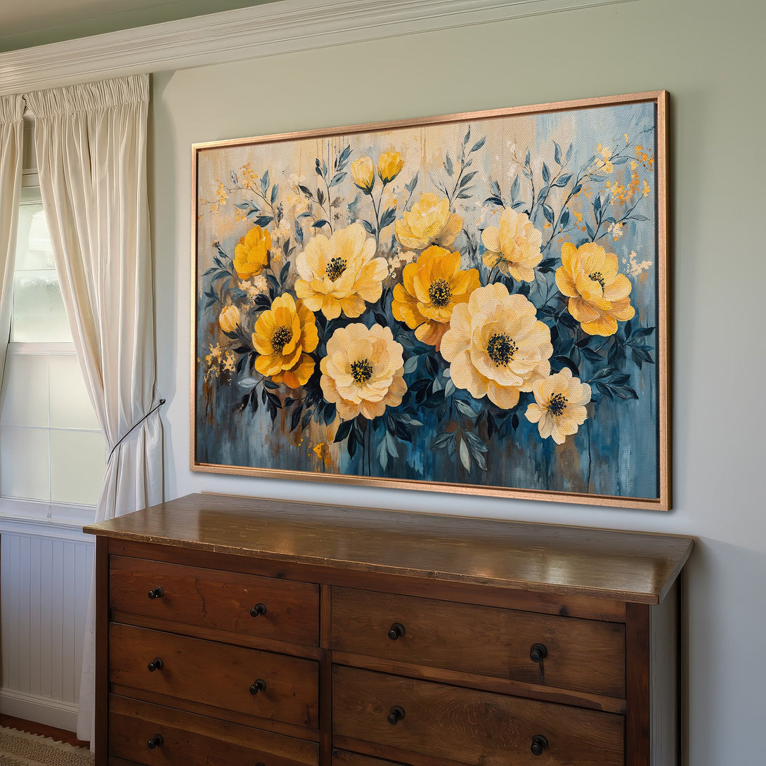 Framed Wall Art: Stunning yellow floral Canvas Print. Elegant botanical art with a blue and gold color palette, perfect for home decor.