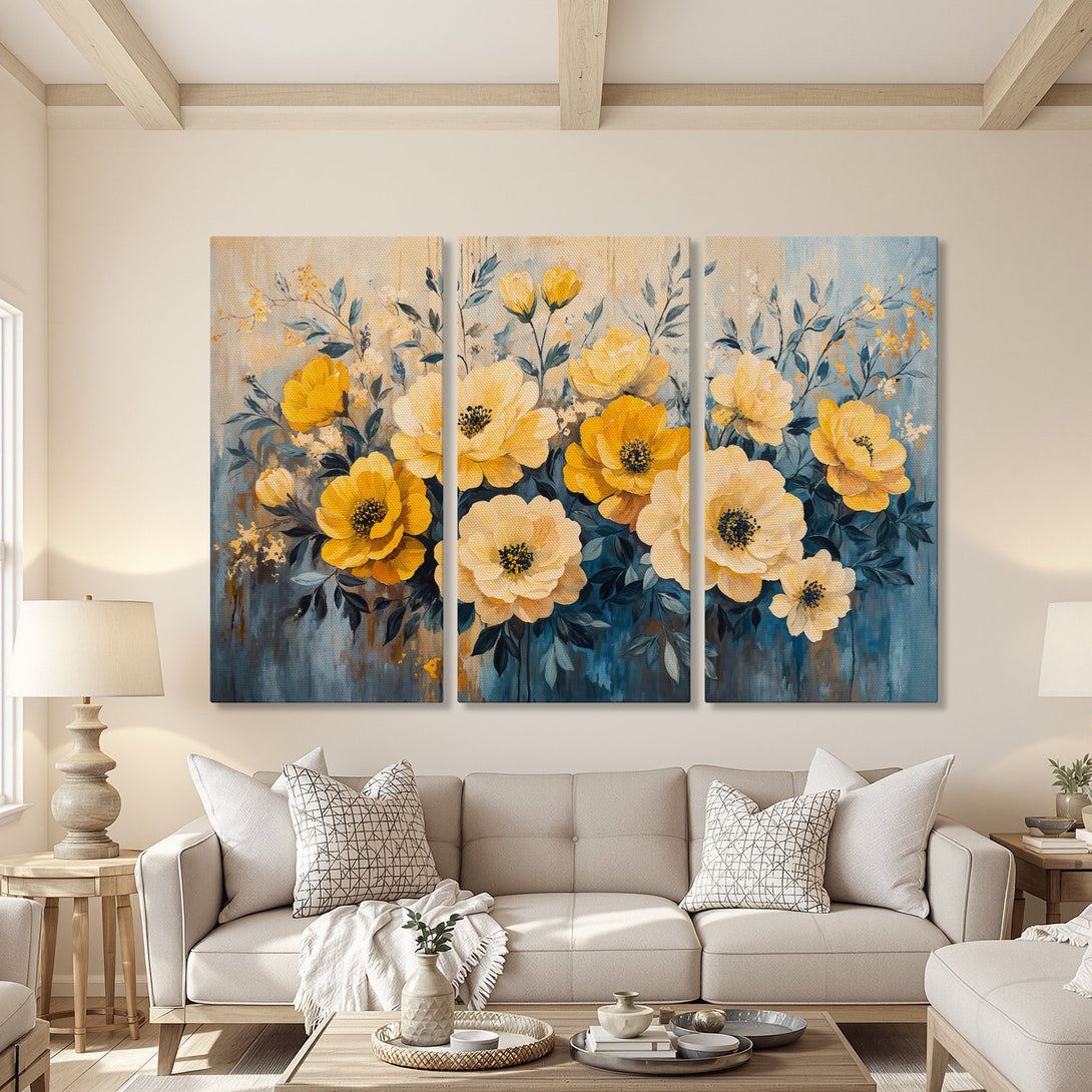 Canvas Print of vibrant yellow floral art, a stunning addition to any home. Features a blue and yellow color palette, perfect for living room decor.