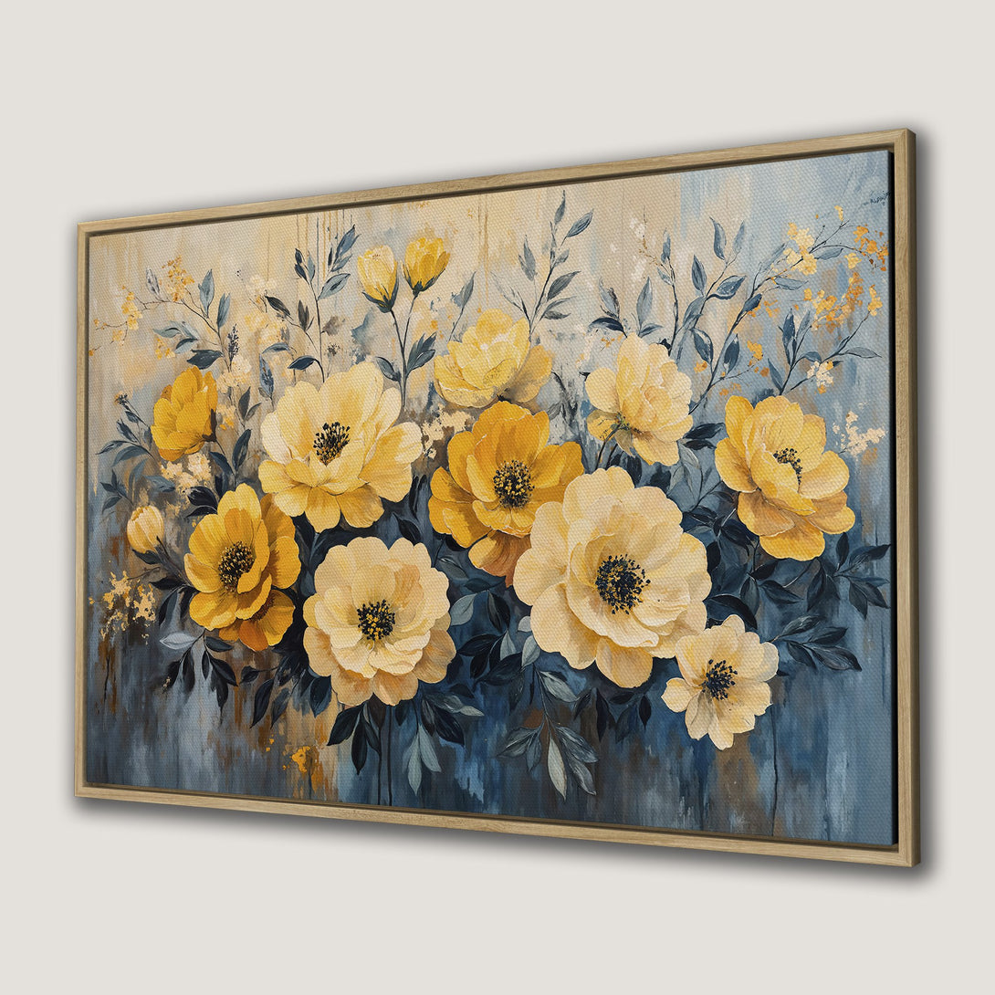 Framed Wall Art featuring vibrant yellow floral painting. Beautiful botanical art with a blue and gold color palette, perfect for any interior design.