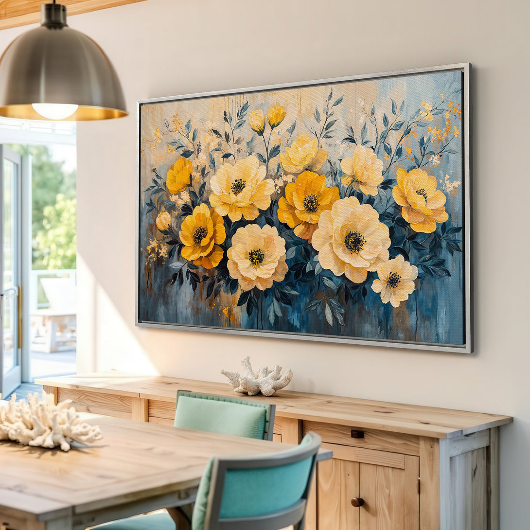 Framed Wall Art Canvas Print of yellow floral painting, adding a touch of sunshine to any room. Blue and yellow color palette.