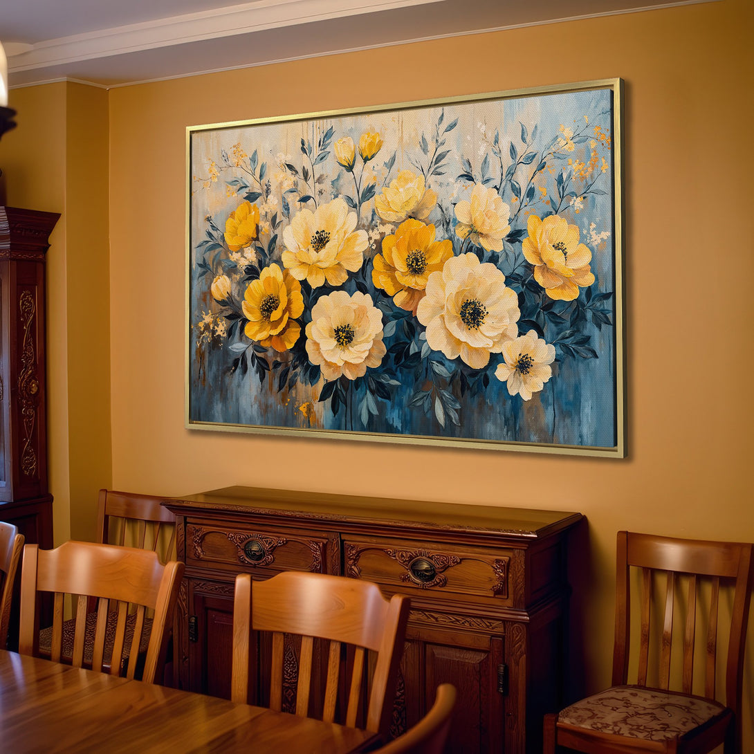Canvas Print of vibrant yellow floral art. Modern farmhouse style with a blue and gold color palette. Perfect for living room decor.