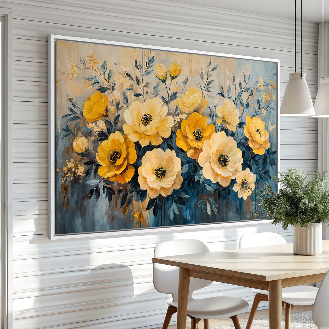 Framed Wall Art: Stunning floral Canvas Print in yellow and blue. Perfect for adding a touch of elegance to any room. Shop now and elevate your decor!