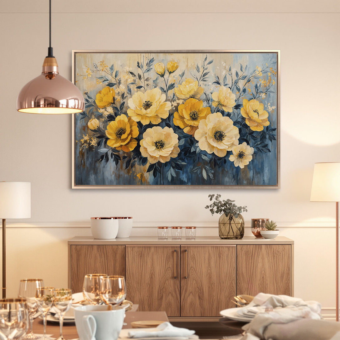 Framed Wall Art: Stunning floral canvas print featuring yellow flowers on a blue background. Perfect for adding a touch of elegance to your home decor.