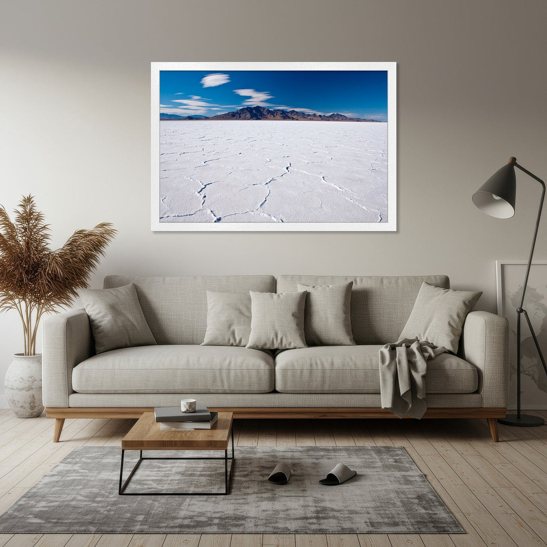 Framed Poster of a vast white landscape with blue sky and mountains. Modern style, neutral color palette. Perfect wall art for your home!