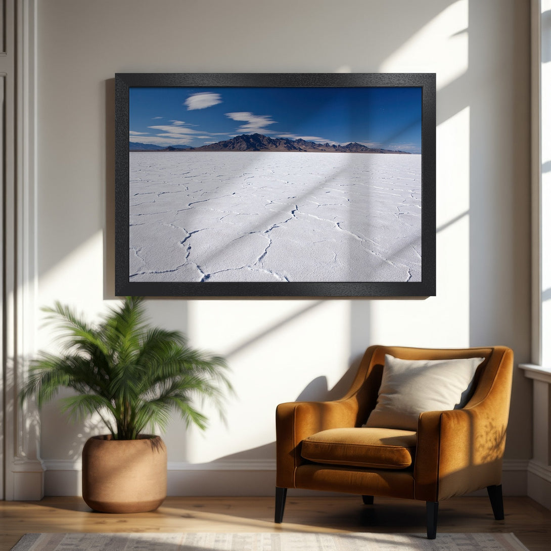 Framed Poster of a desert landscape in blue, white, and brown tones. Modern art style, perfect for home decor.