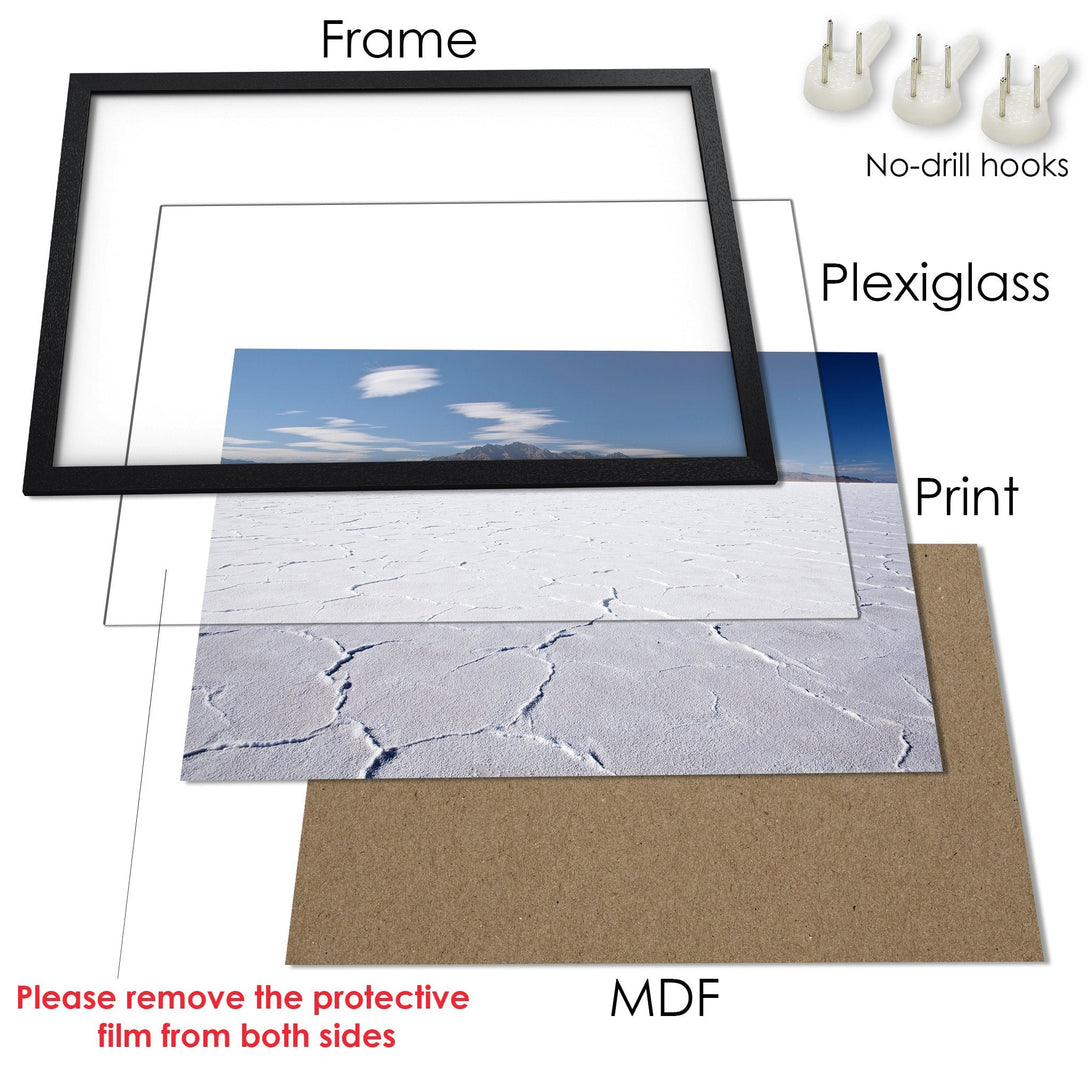 Framed Poster featuring a serene landscape with blue sky, white salt flats. Modern style, neutral color palette. Perfect wall art!