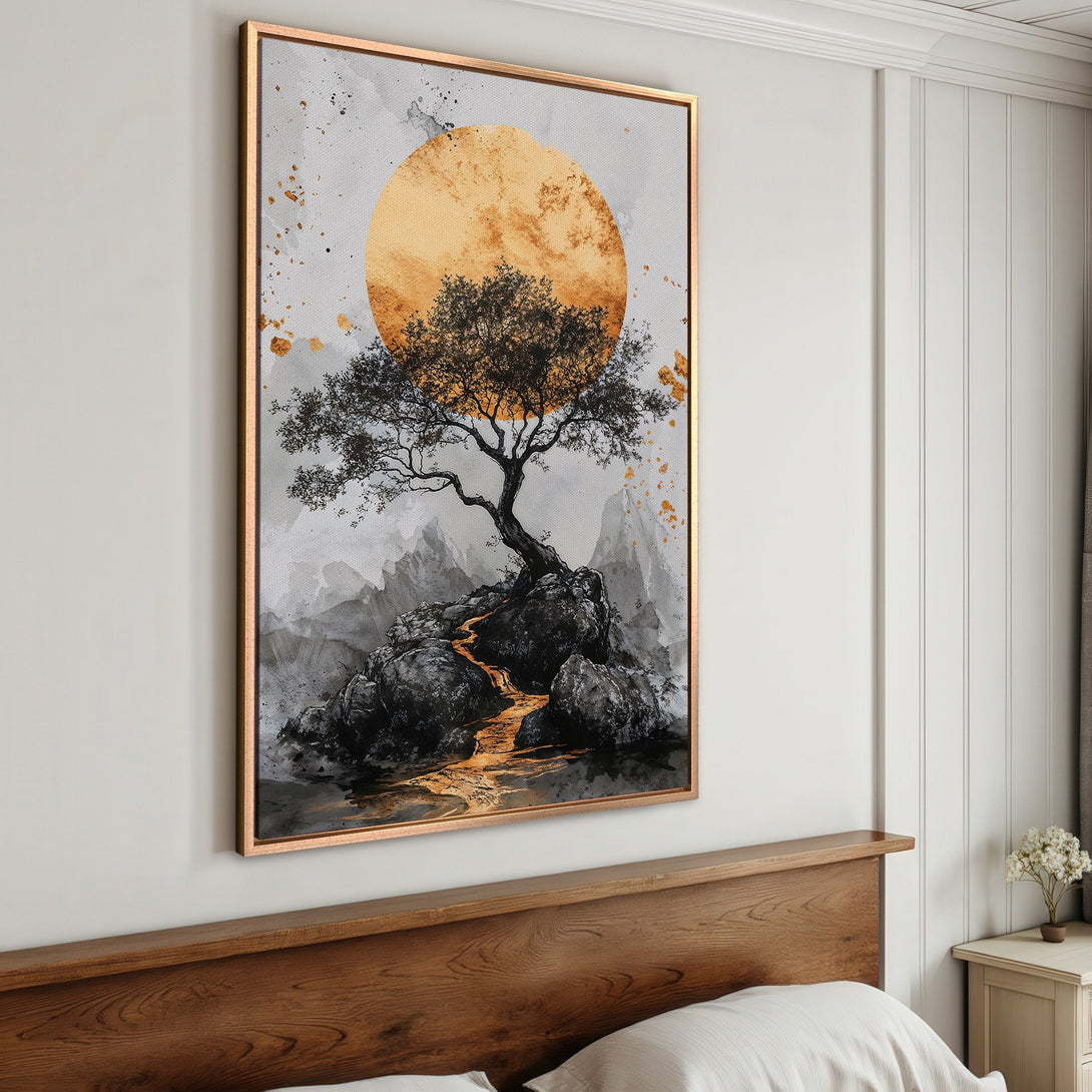 Framed Wall Art: Abstract tree art with gold and gray tones. Modern canvas print for bedroom decor. Enhance your space with this stunning artwork.