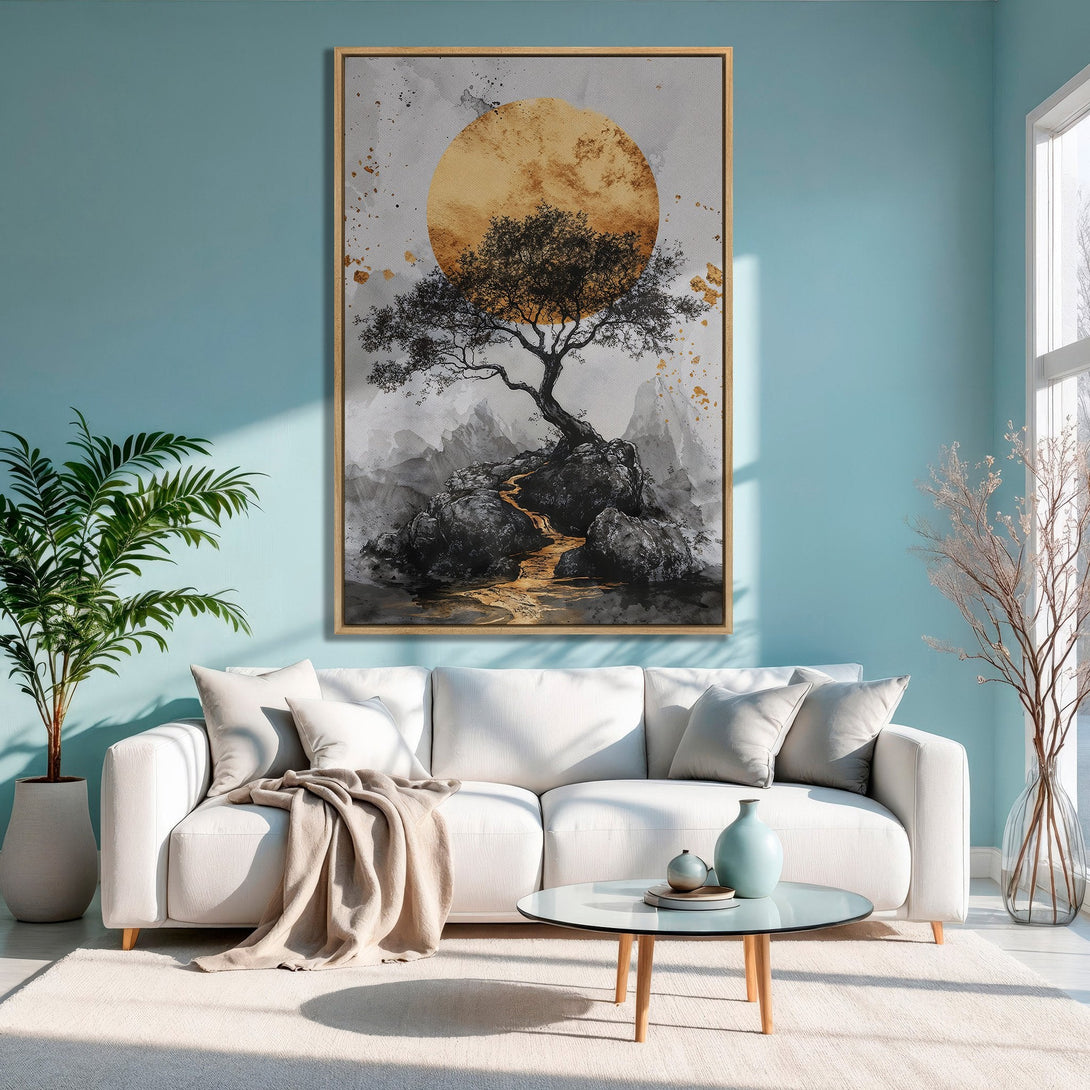 Framed Wall Art: Zen tree art with gold sun. Modern canvas print in neutral and gold tones, perfect for living room decor.