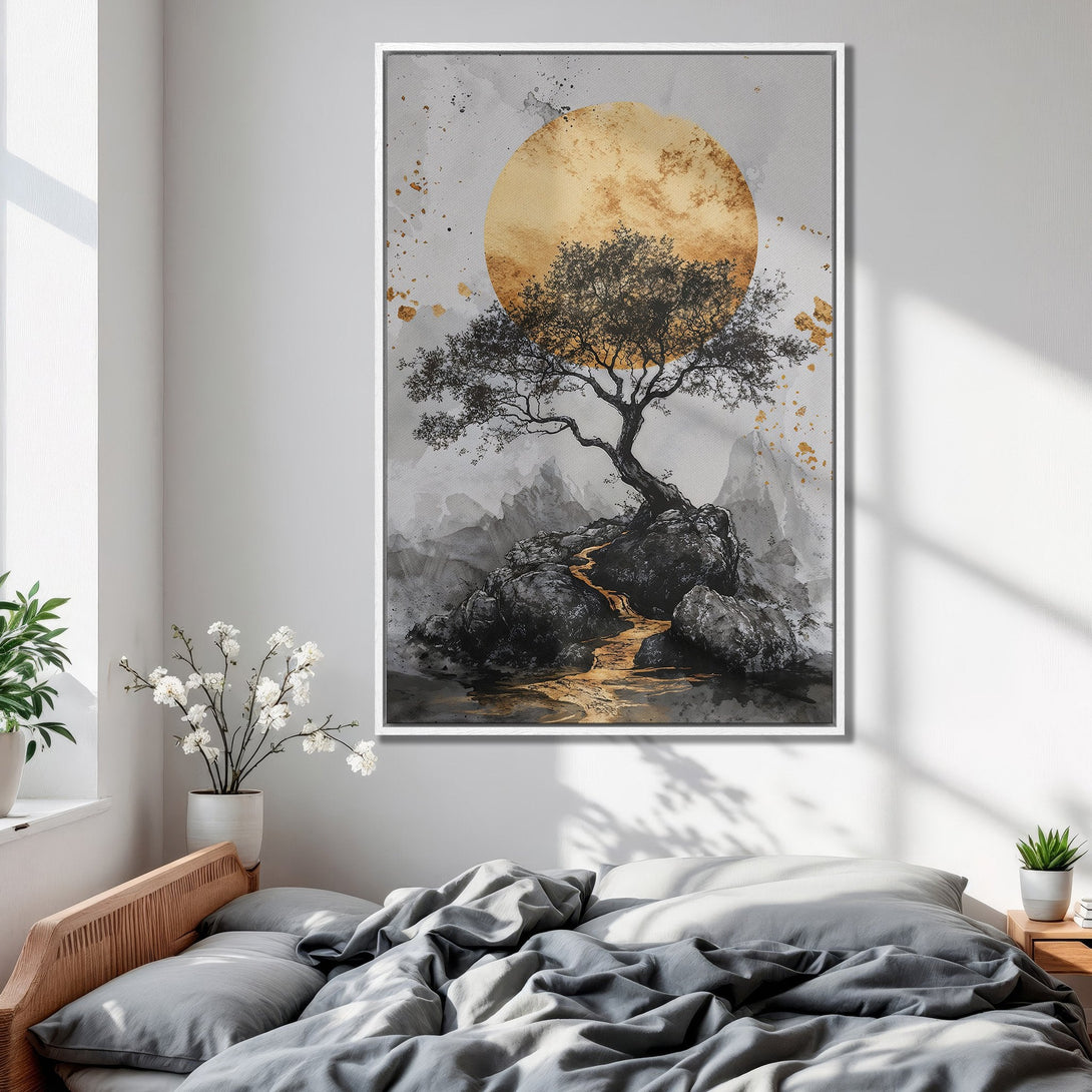 Framed Wall Art featuring a serene tree landscape. Modern, minimalist style with a calming black, gold, and gray color palette. Perfect for bedroom decor.
