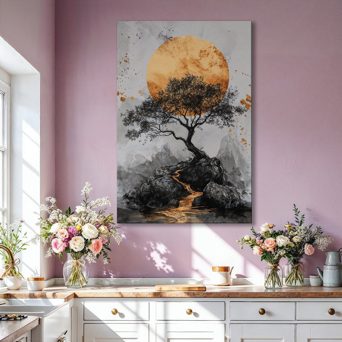 Framed Wall Art: Zen tree landscape in gold, gray, and black. Modern art print for living room decor. Enhance your home with this stunning piece!