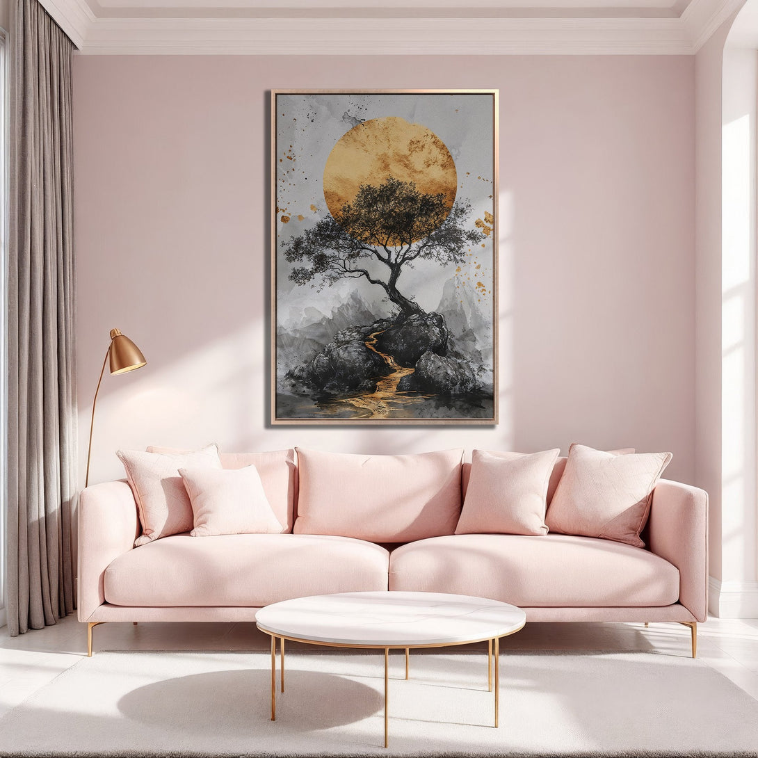 Framed Wall Art: Abstract tree landscape in gold, gray, and black. Modern art canvas print adds a touch of zen to any interior.