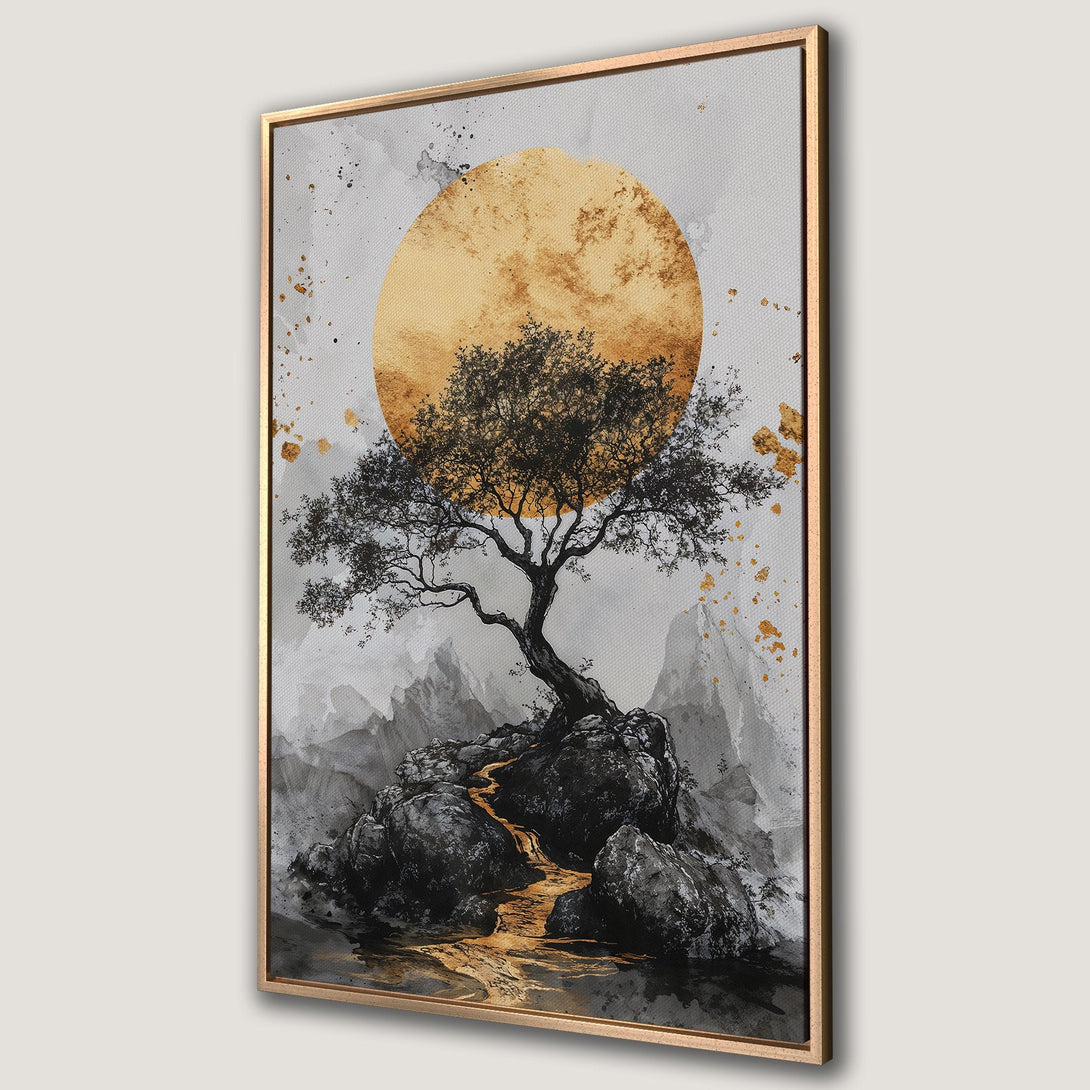 Framed Wall Art: Abstract tree art with gold and gray tones. Modern canvas print featuring a serene landscape with a golden sun and a rocky path.