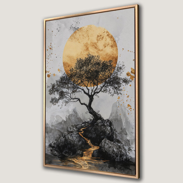 Framed Wall Art: Abstract tree art with gold and gray tones. Modern canvas print featuring a serene landscape with a golden sun and a rocky path.
