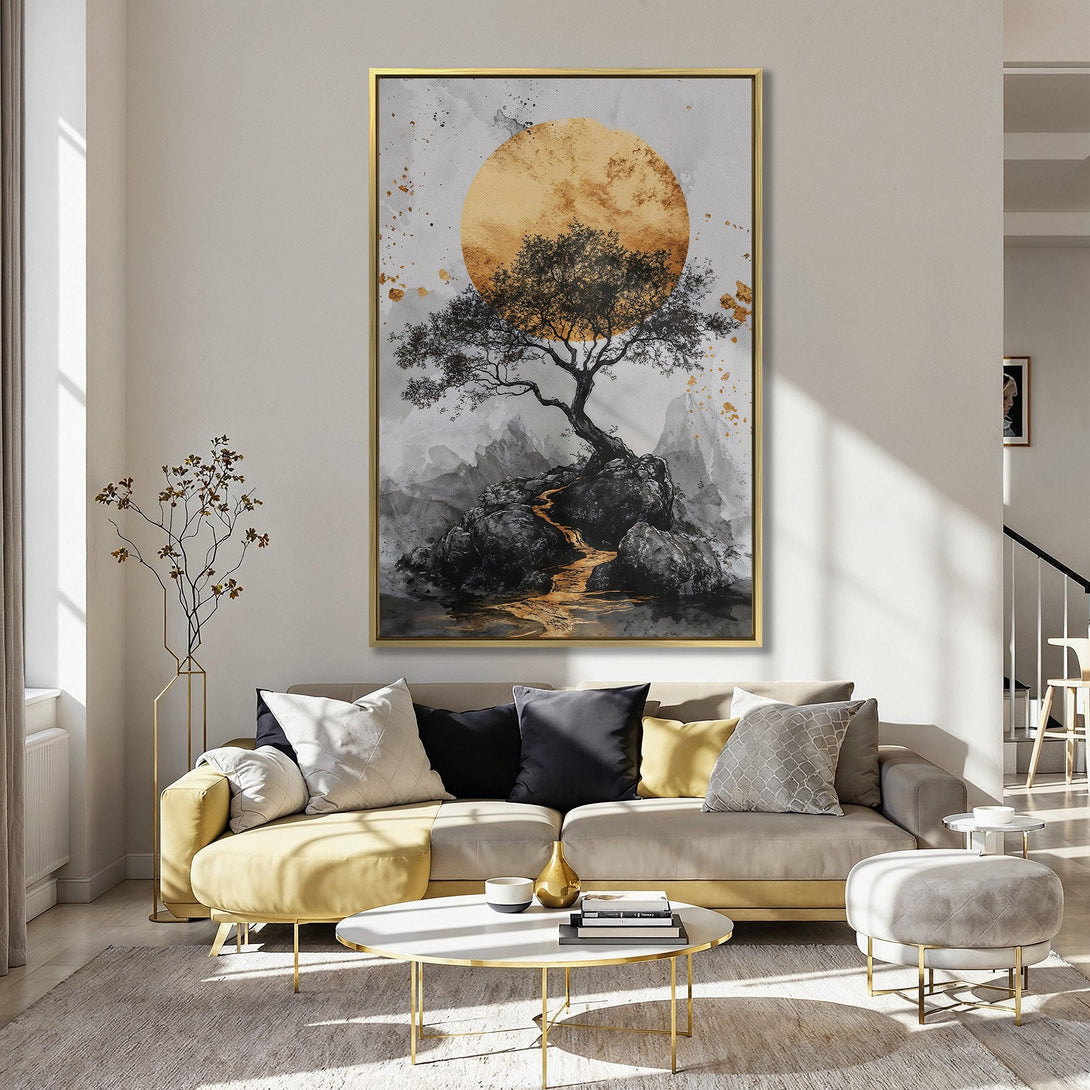 Canvas Print of a serene tree scene with a golden sun, in a muted color palette. Perfect for adding a touch of zen to your home decor.