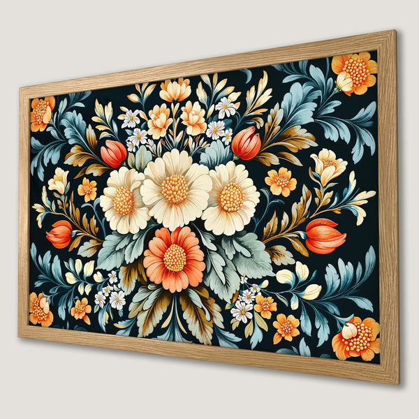 Framed Poster featuring a floral design in a vintage style with a dark background and a warm color palette. Perfect wall art!
