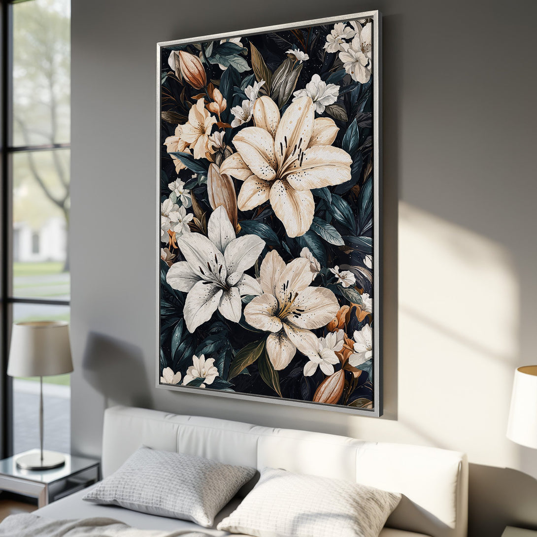 Framed Wall Art featuring elegant floral design with lilies in a dark, moody color palette. Perfect for adding a touch of sophistication to your home decor.