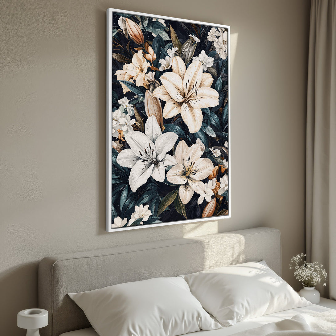 Framed Wall Art: Floral print featuring white lilies on a dark background. Elegant botanical art with a neutral color palette, perfect for bedroom decor.