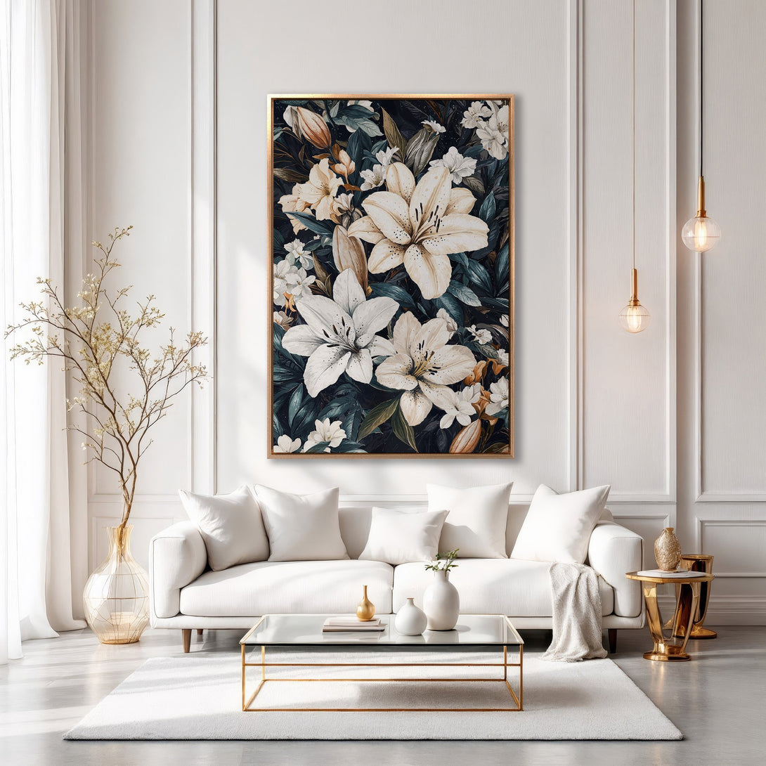 Framed Wall Art of elegant white lilies on a dark background, displayed in a modern living room. Neutral color palette with gold accents.