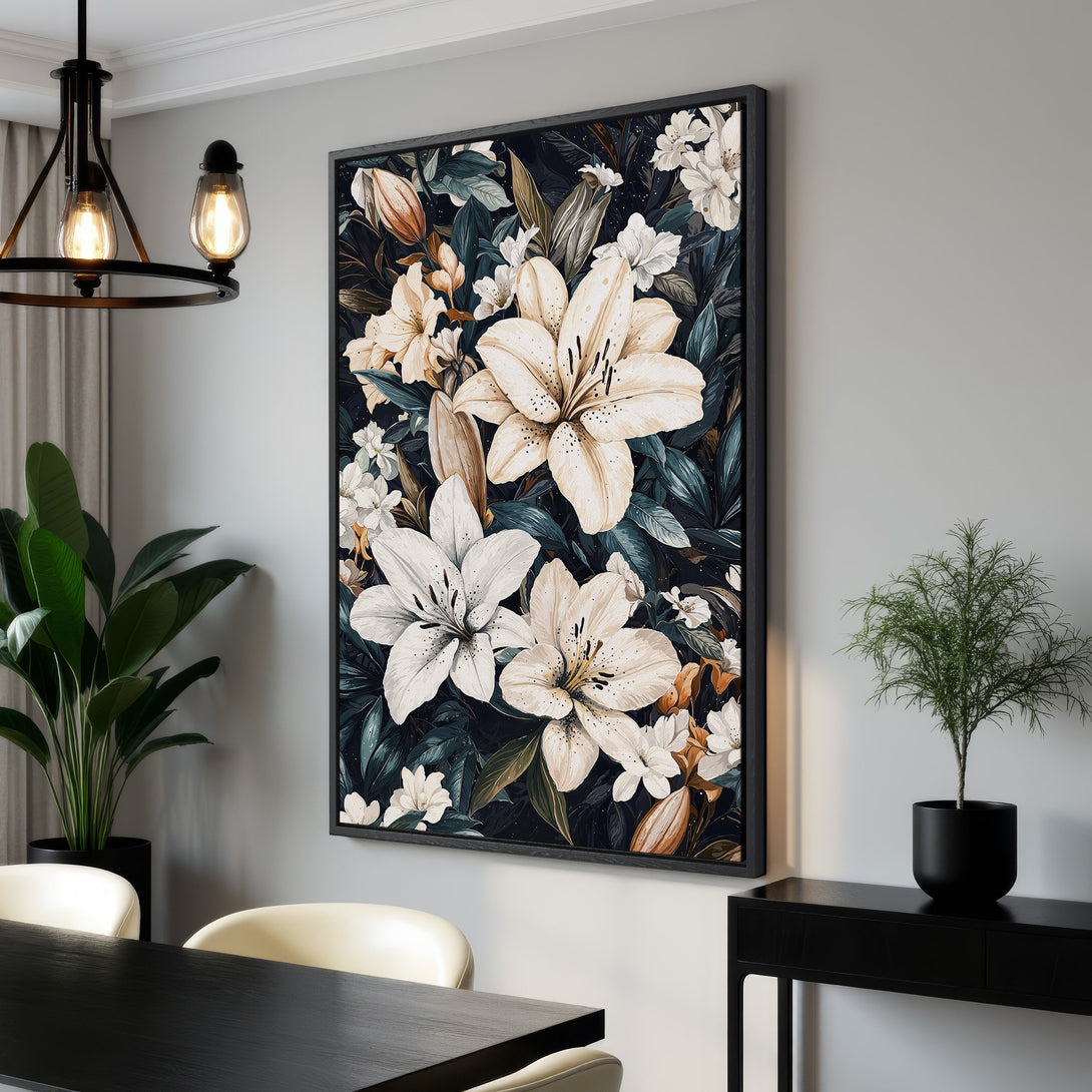 Framed Wall Art featuring elegant white lily floral design on a dark background. Adds a touch of sophistication with a moody, botanical color palette.