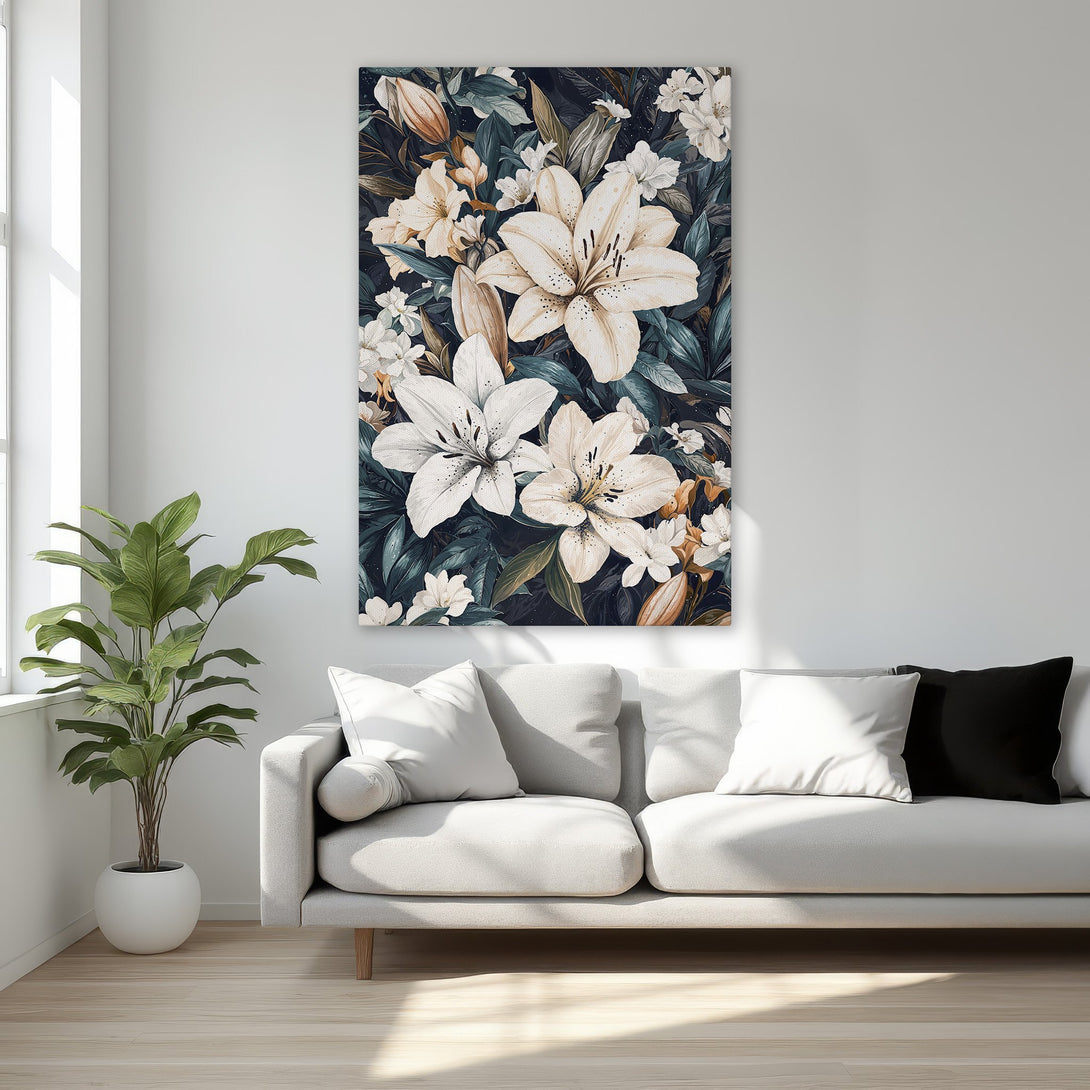 Framed Wall Art: Elegant floral Canvas Print featuring white lilies on a dark background. Adds a touch of sophistication with a neutral and green color palette.
